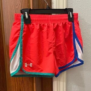 Under Armour Women's Bright Red With Green And Blue Stripes Athletic Shorts